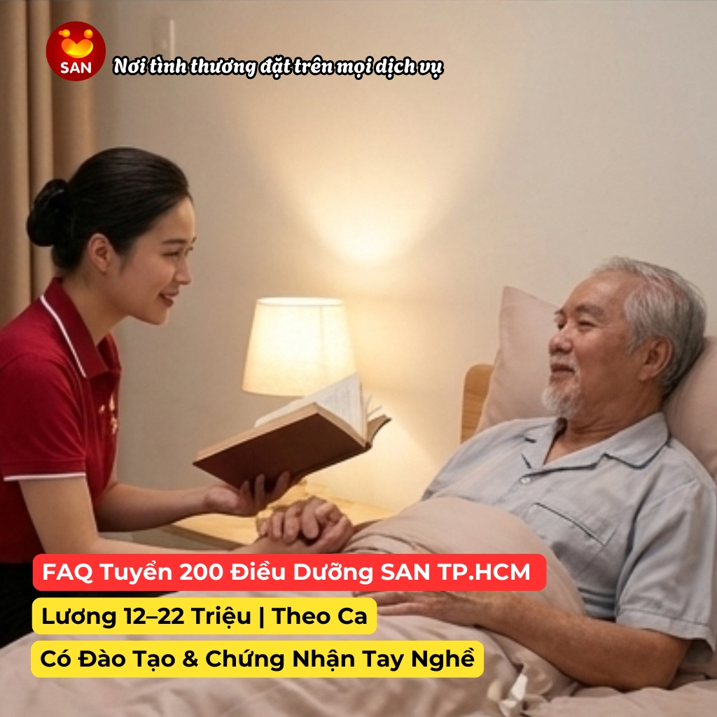 FAQ Tuyển Điều Dưỡng SAN TP.HCM – Lương 12–22 Triệu, Theo Ca, Có Đào Tạo & Chứng Nhận Tay Nghề