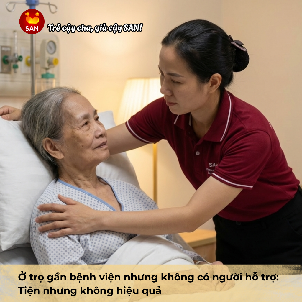 Staying in accommodation near the hospital but lacking support: Convenient but inefficient.