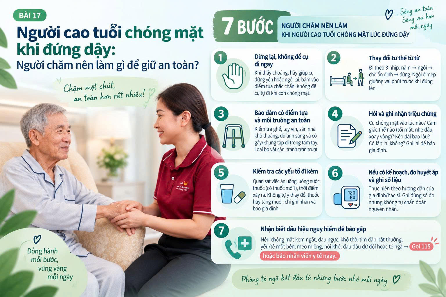Người cao tuổi chóng mặt khi đứng dậy: 7 bước người chăm nên làm để phòng té ngã và giữ an toàn